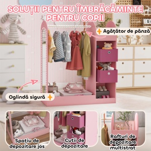 Cuier Copii – Cu Rafturi, Cuti & Oglinda, 92×36×106 cm Roz - Img 4