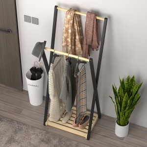 Cuier de Podea din Lemn cu 2 Bare, Suport pentru Haine Autoportant Modern cu Raft Inferior, 61x45x152 cm, Natural - Img 8