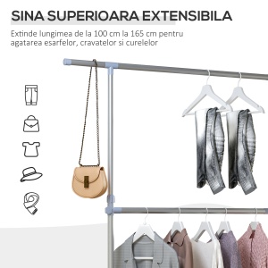 Cuier pentru haine cu inaltime si extensie reglabile, 165 x 48 x 180 cm, Inox / ABS, Argintiu / Gri - Img 4