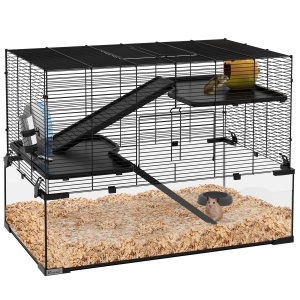 Cușcă Hamsteri de 23,5", Cușcă pentru Gerbili cu Bază din Sticlă pentru Hamsteri Mici, Negru - Img 1