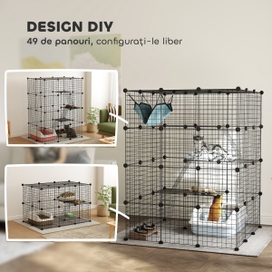 Cușcă Modulară pentru Pisici cu 4 Niveluri, cu Platforme, Rampe și 5 Uși, din Oțel și PP, 105x105x140 cm, Negru - Img 5