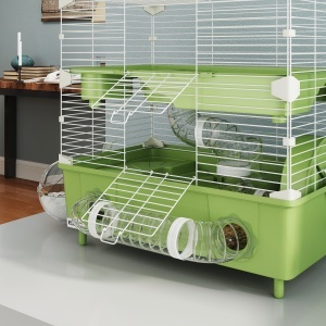 Cușcă pentru Hamsteri cu 2 Nivele și 3 Uși cu Roată și Tuburi, din Oțel, PS și PP, 44.5x28x44 cm, Verde și Alb - Img 9