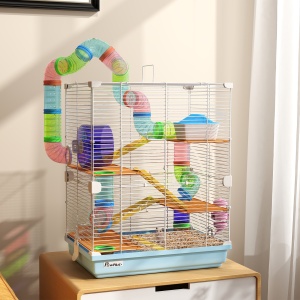 Cușcă pentru Hamsteri cu 5 Nivele, Tuburi, Rotiță, Scări, Căsuță și Sticluță, 46x30x58 cm, Albastru - Img 2
