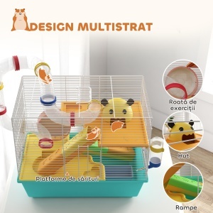 Cușcă pentru Hamsteri cu Roată, Căsuță, Bol, Rampe și Recipient Apă, Cușcă pentru Gerbili din Oțel, PS și PP, 45x28x37 cm, Alb și Albastru - Img 5