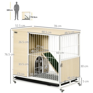 Cusca pentru iepuri mobilier cu roti, Cusca pentru iepurasi masa laterala cu tavita detasabila, acces prin partea superioara, 78 x 52.5 x 76.5 cm, stejar - Img 3