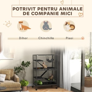 Cușcă pentru Rozătoare cu 4 Intrări la Nivele Multiple cu Hamac, din Metal și PP, 80x52x128 cm, Argintiu și Gri - Img 4
