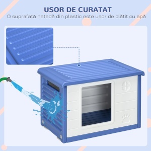 Cușcă Ridicată pentru Câini de Talie Mică cu Intrare și 2 Deschideri Laterale, Cușcă de Exterior Antiderapantă din Polietilenă, Ușor de Curățat, 60x42x40 cm, Albastru și Alb - Img 5