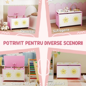 Cutie pentru Jucării cu Capac, Balama de Siguranță și Mânere Groove, Organizator pentru Depozitarea Jucăriilor pentru Copii, Camera de Zi, Sala de Joacă, Roz - Img 6