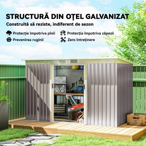 Depozit de Grădină din Oțel cu 2 Orificii de Aerisire și 2 Uși Glisante, 280x130x172 cm, Gri Deschis - Img 4