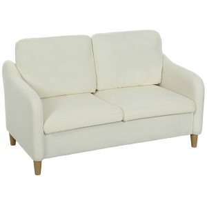 Divan 2 Locuri Tapițat cu Material Sherpa Respirabil, Perne Detașabile și Lavabile, Picioare din Lemn de Eucalipt, Design Compact pentru Living, 137x69x82 cm, Alb Crem