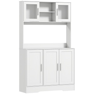 Dulap Bucătărie de 180cm, Dulap Înalt cu 4 Compartimente, Uși din Sticlă Securizată, 2 Rafturi Deschise, Rafturi Reglabile, Blat pentru Electrocasnice, pentru Bucătărie sau Living, Alb - Img 1