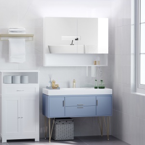 Dulap cu oglinda de perete cu lumini LED, raft deschis si raft intern reglabil, sticla si MDF, 80x15x60cm - Img 2