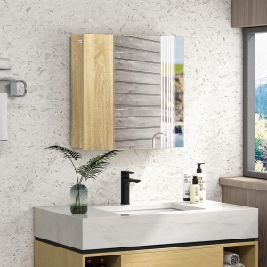 Dulap cu oglinda pentru baie cu montaj pe perete, dulap pentru baie cu oglinda, usi duble si rafturi de depozitare, natural - Img 2
