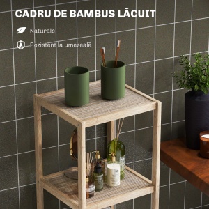 Dulap de Baie Modern cu 4 Rafturi Anti-Răsturnare, Dulap de Baie din Bambus și Lemn, 33x31x110 cm, Lemn Natural - Img 5