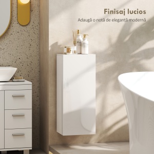 Dulap de Baie Suspendat cu Ușă Fără Mâner, 2 Rafturi Reglabile din Sticlă, Mobilier Suspendat Multifuncțional, 30x23,4x71,2 cm, Alb Lucios - Img 5