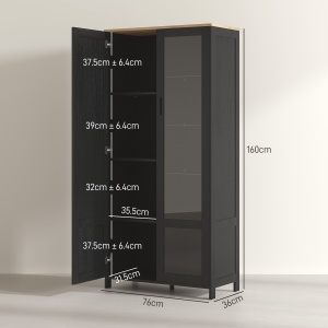 Dulap de Bucătărie cu 9 Rafturi Reglabile, cu Uși de Sticlă și Bază Înălțată din Lemn, 76x36x160 cm, Negru - Img 3