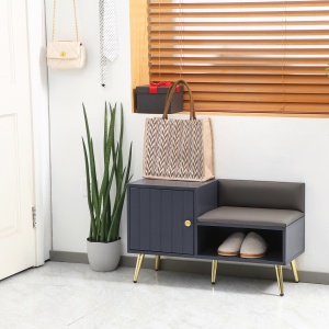 Dulap de pantofi de intrare cu scaun captusit, raft deschis si dulap, pentru 4 perechi de pantofi, lemn si metal, 80x33x49cm, gri - Img 9
