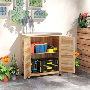 Dulap Exterior cu Raft Intern și Banc de Lucru, Dulap de Grădină din Lemn de Brad și Oțel Zincat, 79x43x92 cm, Culoare Lemn - Img 2