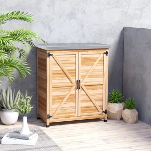 Dulap Exterior cu Raft Intern și Banc de Lucru, Dulap de Grădină din Lemn de Brad și Oțel Zincat, 79x43x92 cm, Culoare Lemn - Img 8