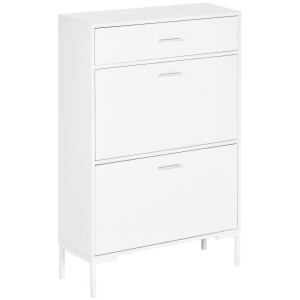 Dulap modern pentru pantofi, 12 perechi de pantofi cu 2 usi si sertar, din PAL, MDF si metal, 75x26x110 cm, alb - Img 1
