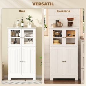 Dulap pentru Baie cu 2 Dulapuri cu Uși din Sticlă și Raft Reglabil, Alb - Img 4