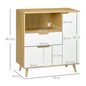 Dulap pentru Cuptor cu Microunde din PAL cu Raft deschis, doua Dulapioare si un Sertar, 90x40x98.5cm Alb si Lemn natur - Img 3