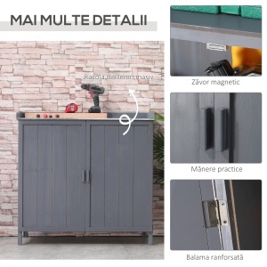 Dulap pentru Exterior din Lemn de Brad cu Blat de Lucru din Metal Zincat si 2 Rafturi pentru Scule, 98x48x95.5 cm, Gri - Img 6