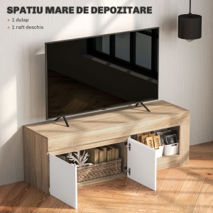 Dulap pentru TV de 60" cu Dulăpior, 2 Uși și Raft Deschis, Mobilier TV din Lemn, 140x40x48 cm, Lemn Natural - Img 5