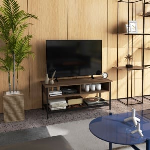 Dulap SuportTV pana la 48" in Stil Industrial, Mobiler Jos cu Rafturi din Lemn si Otel, 110x40x48cm, Maro si Negru - Img 2
