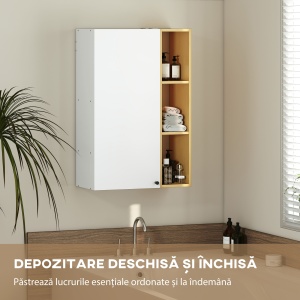 Dulap Suspendat pentru Baie cu Rafturi Reglabile și 3 Polițe Deschise, 59,5x30x90 cm, Alb și Lemn - Img 4