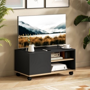 Dulap TV 42" Max cu 2 Rafturi deschise si Usa, din PAL cu Roti, 80x45x39.5 cm, Negru - Img 2