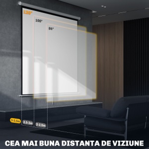 Ecran de Proiecție 120 Inch Format 1:1, Ecran Rulabil cu Unghi de 160° și Montare pe Tavan sau Perete, 223x8x223 cm, Alb - Img 6