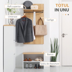 Entryway Organizer with Shoe Bench, Shoe Rack, Hall Tree with 4 Hooks, Coat Rack for Hallway, White and Natural - Img 4