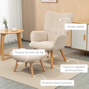 Fotoliu cu Taburet pentru Cameră sau Living din Catifea cu Model Crestat , Spătar Înalt și Brațe, 72x80x101 cm, Bej - Img 5