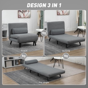 Fotoliu extensibil cu spătar ajustabil în 5 poziții, țesătură cu efect de in și oțel, 75x70x75 cm, Gri - Img 4