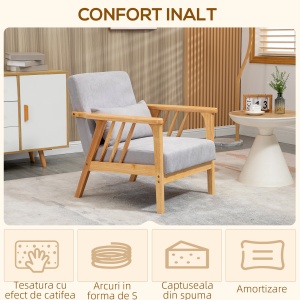 Fotoliu modern cu husa din catifea si structura din lemn, fotoliu pentru dormitor si sufragerie cu perna suplimentara, 68x75x78cm, gri - Img 4