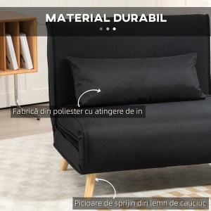 Fotoliu Pat Individual 3 în 1 cu Spătar Reglabil pe 6 Nivele și Pernă, Canapea Pat Pliant, 94x78x80 cm, Negru - Img 5