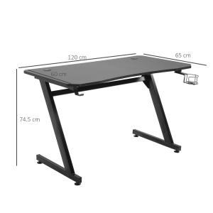 Gaming Desk, Masă Gaming cu Management Cabluri, Suport Pahare și Cârlig pentru Căști, Negru, 120×65×74,5 cm - Img 3