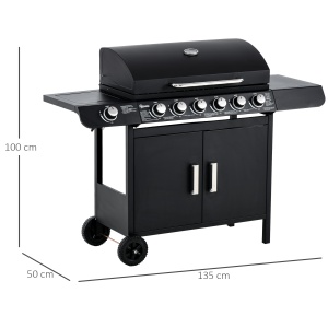 Gratar pe Gaz cu Capac, 7 Arzatoare de 20 kW in total si Arzator Lateral, Termometru, Raft si 2 Roti, 135x50x100cm Negru - Img 3