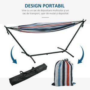 Hamac cu Suport 310x117cm pentru Camping cu Înălțime Reglabilă și Geantă de Transport, Capacitate 120 kg, Dungi Albastre și Albe - Img 6