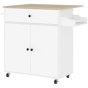 Insulă de Bucătărie cu Sertar, Dulap, Suport pentru Condimente și Suport pentru Prosoape, 106x42x87 cm, Alb și Stejar