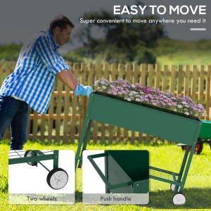 Jardinieră Exterioară cu Raft Inferior pentru Unelte, Jardinieră Metalică cu 2 Roți și Mâner, 109x44x80 cm, Verde - Img 4