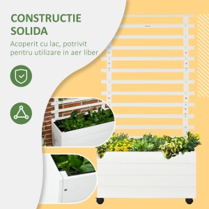 Jardiniera inaltata verticala cu 4 roti si suport pentru plantele cataratoare, din lemn de brad, 76x30x155cm, alb - Img 8