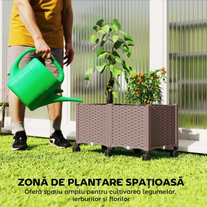 Jardinieră Ridicată din Plastic, 85L, Spațiu pentru Grădinărit în Aer Liber cu Roți Blocate, Sistem de Autoirigare, Orificii de Drenaj, Ideală pentru Plante, Legume și Flori, Maro - Img 4