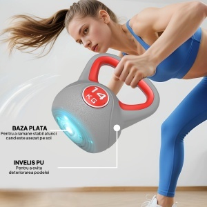 Kettlebell 14kg din PU cu nisip si baza plata, maner comod 26x18x32 cm, Rosu - Img 6