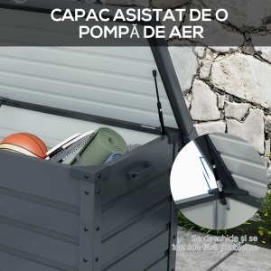 Ladă de Grădină de 295L cu Încuietoare, 2 Mânere și 4 Rotile, Mobilier Depozitare din Oțel, 100x62x65 cm, Gri - Img 6