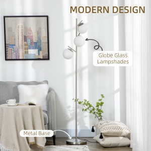 Lampă de Podea Modernă cu 3 Puncte de Iluminat, Lampă de Podea din Metal și Sticlă, Ø27x169 cm, Argintiu - Img 4