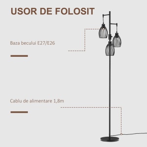 Lampadar Industrial cu 3 Abajururi și Intensitate Regulabilă, 30x30x170.5 cm, Negru - Img 6