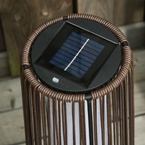 Lanternă Solară de Grădină cu Panou de Încărcare, Lampă solară de Exterior din Metal și Ratan, Ø21.5x61 cm, Maro - Img 8