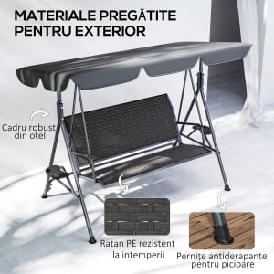 Leagăn de Grădină 3 Locuri din Ratan PE cu Acoperiș Reglabil și Suporturi pentru Pahare, Leagăn de Exterior cu Cadru din Oțel, Capacitate 320 kg, 204x112x150 cm, Gri - Img 6